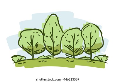 Vector illustration: Hand drawn sketch with color trees. Cartoon natural landscape on white background.