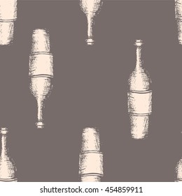 Vector illustration, hand drawn sketch of wine bottles, seamless pattern on gray background