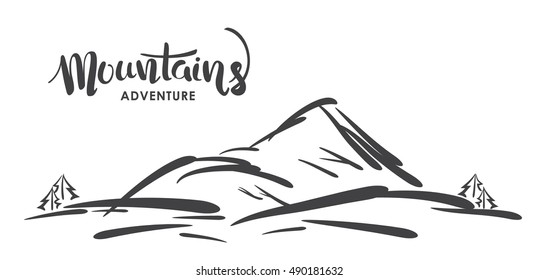 Vector illustration: Hand drawn sketch of mountain landscape  with handwritten modern lettering of Mountains