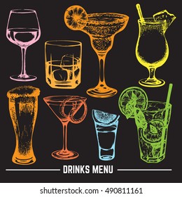 Vector illustration in hand drawn sketch style. Beer, wine and alcoholic cocktails. Barmenu design. Template for card poster banner and t-shirt