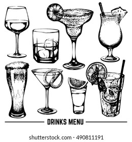 Vector illustration in hand drawn sketch style. Beer, wine and alcoholic cocktails. Bar menu design. Template for card poster banner and t-shirt