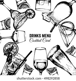 Vector illustration in hand drawn sketch style. Beer, wine and alcoholic cocktails. Bar and pub menu design. Template for card poster banner and t-shirt