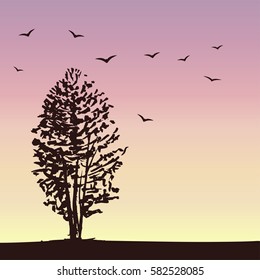 a vector illustration; hand drawn sketch with an isolated tree; a simple landscape with sunset or sunrise and flying birds