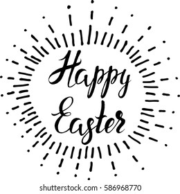 Vector illustration, hand drawn sketch, lettering Happy Easter with arrows into hand drawn frame