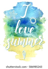 Vector illustration, hand drawn sketch, lettering I love summer on watercolor stain