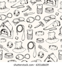 Vector illustration; hand drawn sketch:  dog accessories make seamless pattern.