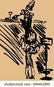 Vector illustration Hand drawn sketch of a lady, ladies with a high hairstyle on her head in a lush short dress, short boots standing at the bar with a glass