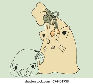 Vector illustration Hand drawn sketch of a bag transported by rope A cat in a poke