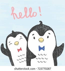 Vector illustration of hand drawn sketch friendly penguins isolated on a blue grunge background with lettering hello! Friendly pair of winter north pole birds. Best friends