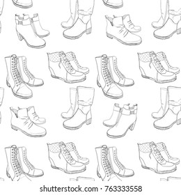 Vector illustration of Hand drawn sketch seamless pattern of Shoes . Sneakers, boots, high shoe, snow boots. for casual female. Coloring book. Wrapping paper.