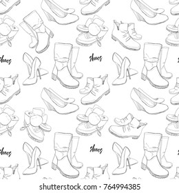 Vector illustration of Hand drawn sketch seamless pattern of Shoes . Sneakers, boots, high shoe, snow boots. for casual female. Coloring book. Wrapping paper.