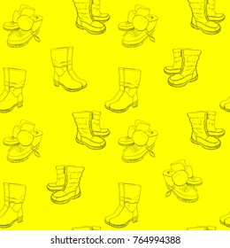 Vector illustration of Hand drawn sketch seamless pattern of Shoes . Sneakers, boots, high shoe, snow boots. for casual female. Coloring book. Wrapping paper.