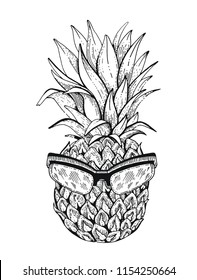 Vector illustration, hand drawn sketched Pineapple with sunglasses isolated on white background. Black line fashion art for t-shirt print or temporary tattoo. Cute funny exotic ananas fruit icon