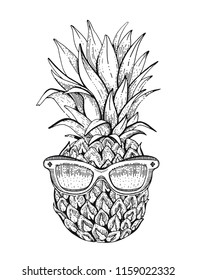 Vector illustration, hand drawn sketched Pineapple with sunglasses isolated on white background. Black line fashion art for t-shirt print or temporary tattoo. Cute funny exotic ananas fruit icon