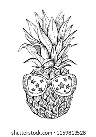 Vector illustration, hand drawn sketched Pineapple with sunglasses isolated on white background. Black line fashion art for t-shirt print or temporary tattoo. Cute funny exotic ananas fruit icon