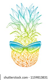 Vector illustration, hand drawn sketched Pineapple with sunglasses isolated on white background. Black line fashion art for t-shirt print or temporary tattoo. Cute funny exotic ananas fruit icon