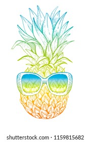 Vector illustration, hand drawn sketched Pineapple with sunglasses isolated on white background. Black line fashion art for t-shirt print or temporary tattoo. Cute funny exotic ananas fruit icon