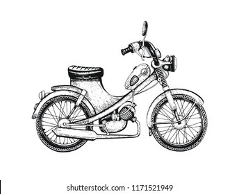 Vector illustration, hand drawn sketched motorcycle isolated on white background. Black line fashion art for t-shirt print or temporary tattoo. Cute motorbyke (motor byke, moped) engraving  icon