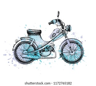 Vector illustration, hand drawn sketched motorcycle isolated on white background. Black line, watercolor splash moped, fashion art for t-shirt print or temporary tattoo. Cute motorbyke engraving  icon