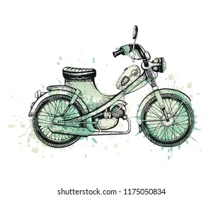 Vector illustration, hand drawn sketched motorcycle isolated on white background. Black line, mint watercolor splash moped, fashion art, t-shirt print, temporary tattoo. Cute motorbyke engraving  icon