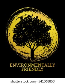 Vector illustration of a hand drawn sketched tree. Environmentally friendly logo concept on a golden background.