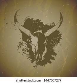 Vector illustration of hand drawn skull wild buffalo with grunge elements on vintage background. Sketch in sepia color. For you design, print, tattoo or magic craft.