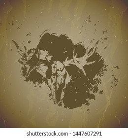 Vector illustration of hand drawn skull moose with grunge elements on vintage background. Sketch in sepia color. For you design, print, tattoo or magic craft.