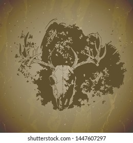 Vector illustration of hand drawn skull deer with grunge elements on vintage background. Sketch in sepia color. For you design, print, tattoo or magic craft.