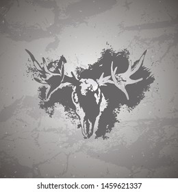 Vector illustration of hand drawn skull moose and grunge elements on vintage background. Sketch in dark color. For you design, print, tattoo or magic craft.