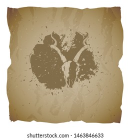 Vector illustration of hand drawn skull antelope and grunge elements on old torn edges background. Texture of old paper. Sketch in sepia color. For you design, print, tattoo or magic craft.