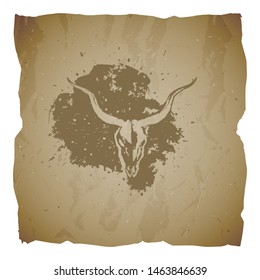 Vector illustration of hand drawn skull antelope and grunge elements on old torn edges background. Texture of old paper. Sketch in sepia color. For you design, print, tattoo or magic craft.