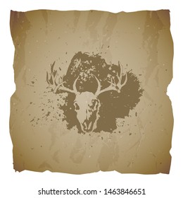 Vector illustration of hand drawn skull deer and grunge elements on old torn edges background. Texture of old paper. Sketch in sepia color. For you design, print, tattoo or magic craft.