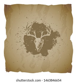 Vector illustration of hand drawn skull deer and grunge elements on old torn edges background. Texture of old paper. Sketch in sepia color. For you design, print, tattoo or magic craft.