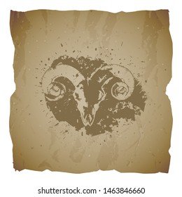 Vector illustration of hand drawn skull ram and grunge elements on old torn edges background. Texture of old paper. Sketch in sepia color. For you design, print, tattoo or magic craft.