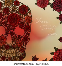 Vector illustration with Hand Drawn Skull. Day of The Dead card with skull and floral ornament.