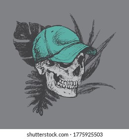 Vector illustration of a hand drawn skull and tropical leaves 