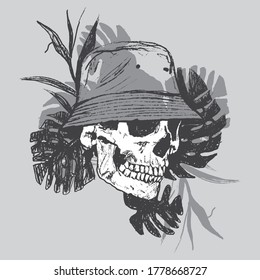 Ilustración vectorial de un cráneo dibujado a mano y hojas tropicales 