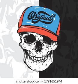 Vector Illustration Of A Hand Drawn Skull With Hat