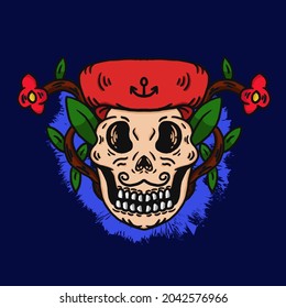 vector illustration hand drawn skull of a good mustache pirate for logo and T-shirt