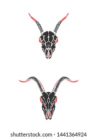 Vector illustration with hand drawn skulls of goats on white background. Black and red silhouettes. In realistic style. For you design, tattoo or magic craft.