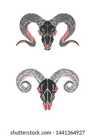 Vector illustration with hand drawn skulls of rams on white background. Black and red silhouettes. In realistic style. For you design, tattoo or magic craft.