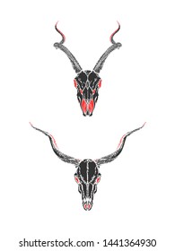 Vector illustration with hand drawn skulls of antelopes on white background. Black and red silhouettes. In realistic style. For you design, tattoo or magic craft.