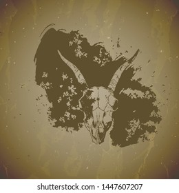 Vector illustration of hand drawn skulls goat with grunge elements on vintage background. Sketch in sepia color. For you design, print, tattoo or magic craft.