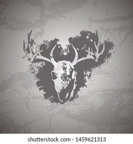 Vector illustration of hand drawn skulls deer and grunge elements on vintage background. Sketch in dark color. For you design, print, tattoo or magic craft.