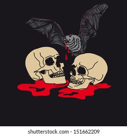 Vector illustration with Hand Drawn Skulls, blood and bat. Day of The Dead. Halloween.
