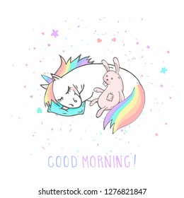 Vector illustration of hand drawn sleeping unicorn with bunny toy and text - GOOD MORNING on withe background. Cartoon style. Colored.