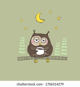 Vector illustration hand drawn sleepy owl with a cup of coffee on the tree branch.