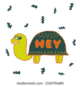 Vector illustration with hand drawn smiling turtle and a word "Hey'.