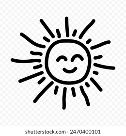 Vector illustration of hand drawn smiling sun with rays doodle on transparent background