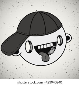 Vector illustration. Hand drawn smiling face of a funny looking boy with his tongue out in a cap. Modern monochrome icon in the style of old cartoons.